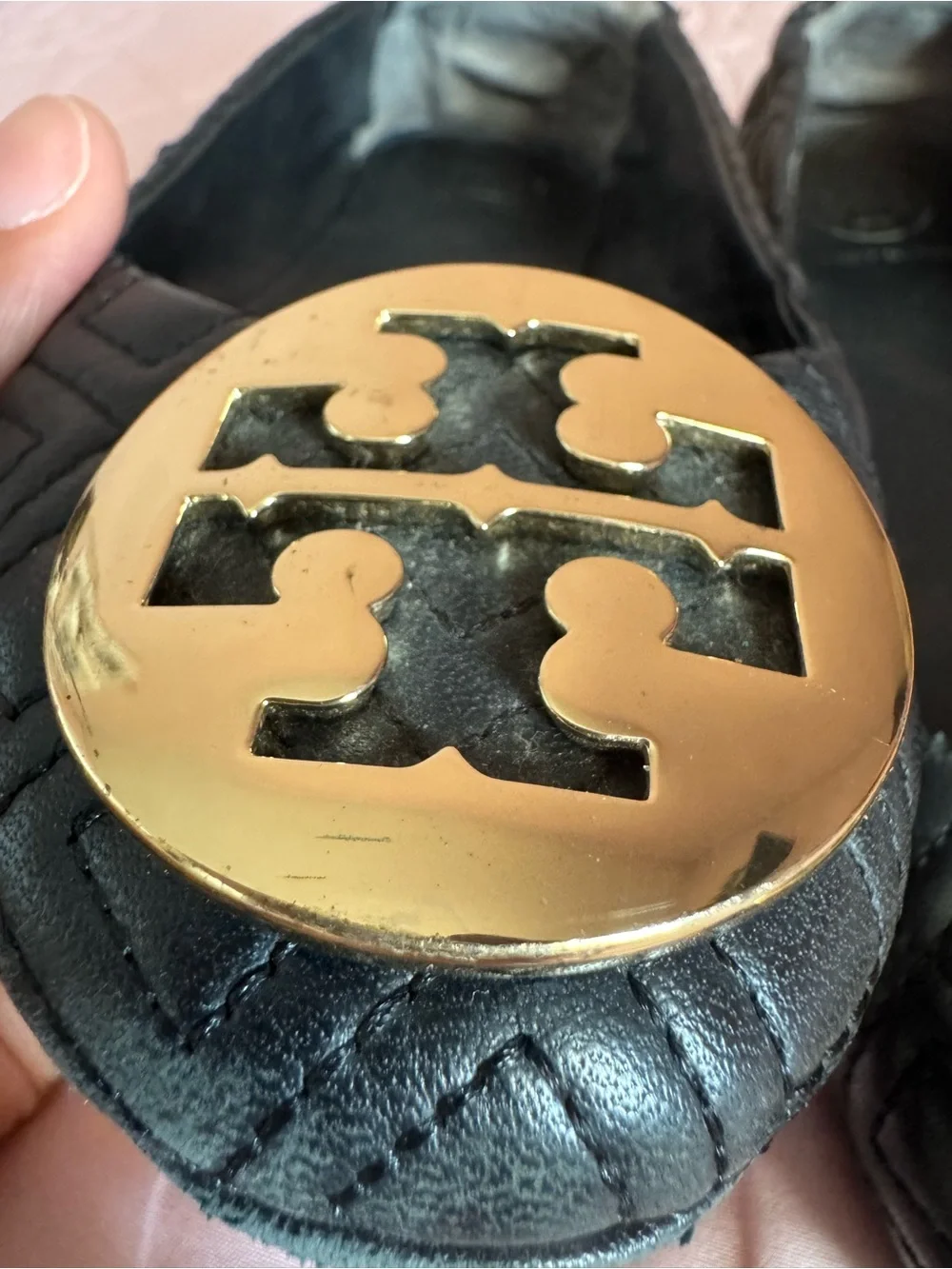 Tory Burch Black Quilted Flats with Gold Logo Medallions